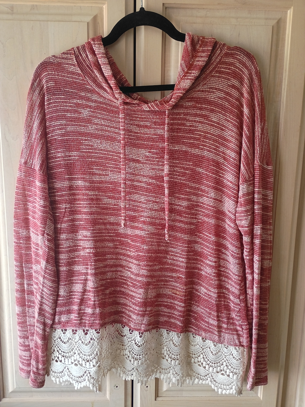 Maurices Pink & White Striped Knit Hoodie with Lace Hem